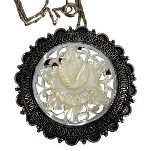 Vintage Jerusalem 950 Mother-Of-Pearl Pendant Necklace Intricate Floral Carving